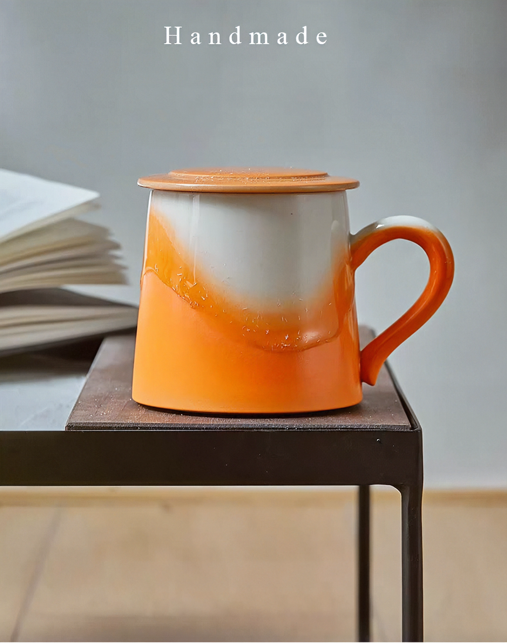 Xiangshang Sunshine Orange Lidded Mug, Handmade Jingdezhen Reactive Glaze Mug