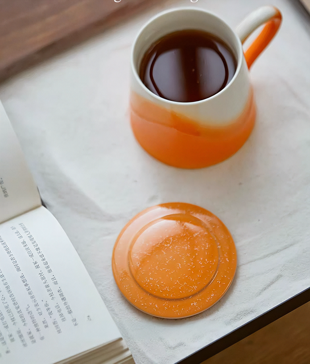 Xiangshang Sunshine Orange Lidded Mug, Handmade Jingdezhen Reactive Glaze Mug